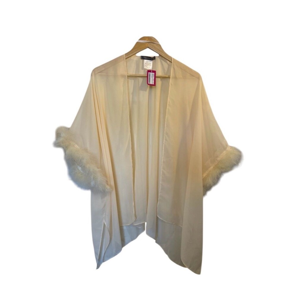 VINCE CAMUTO cream Sheer Marabou Feather Cover Up
Kimono Robe Jacket Topper O/S